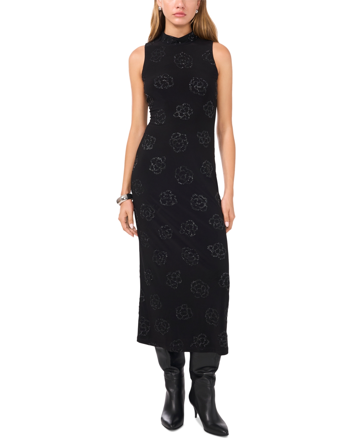 1.state Women’s Embellished Mock Neck Sleeveless Midi Dress – Rich Black