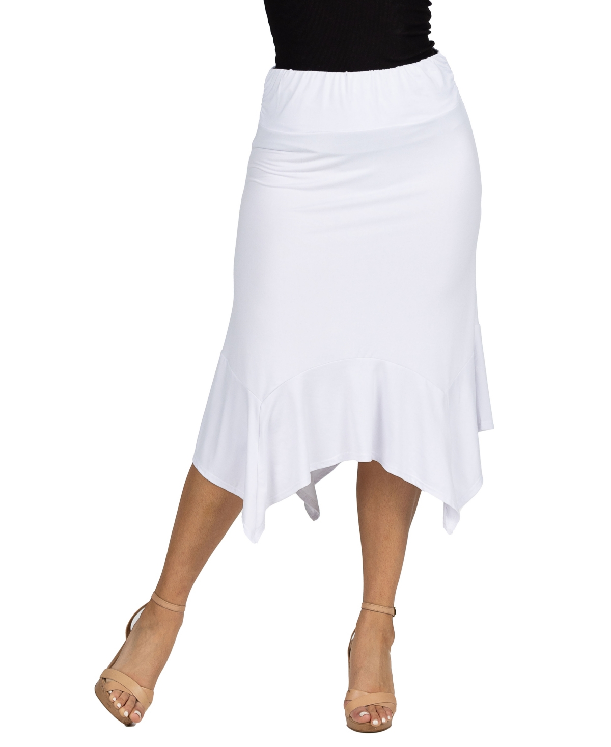 24seven Comfort Apparel Solid Color Knee Length Elastic Waist Handkerchief Skirt – White 24seven Comfort Apparel Solid Color Knee Length Elastic Waist Handkerchief Skirt – White
