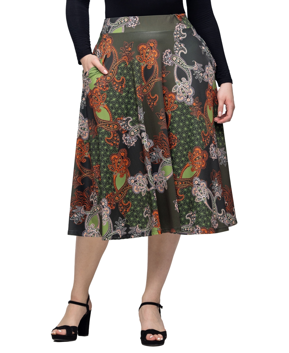 24seven Comfort Apparel Women’s Green Print Elastic Waist Pocket Midi Skirt – Green Multi 24seven Comfort Apparel Women’s Green Print Elastic Waist Pocket Midi Skirt – Green Multi