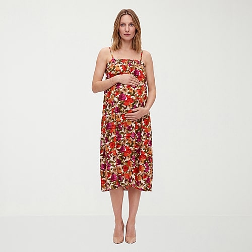 24seven Comfort Apparel Womens Maternity Midi Square Neck Sleeveless Floral A-Line Dress, Small, Red