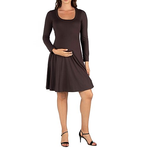 24seven Comfort Apparel Womens Maternity Scoop Neck Long Sleeve A-Line Dress, Small, Brown