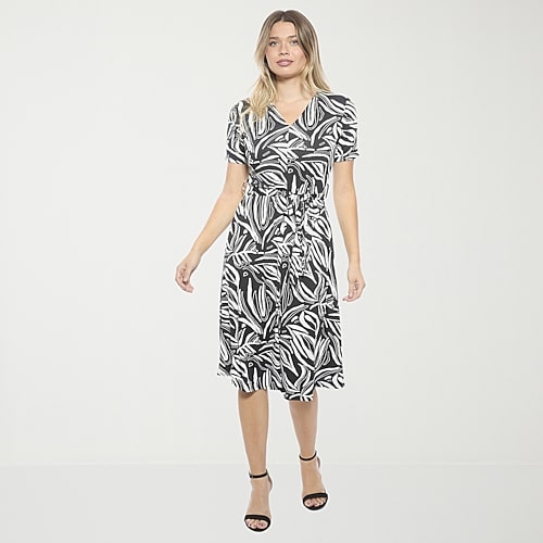 24seven Comfort Apparel Womens Midi V Neck Short Sleeve Abstract A-Line Dress, Small, Black 24seven Comfort Apparel Womens Midi V Neck Short Sleeve Abstract A-Line Dress, Small, Black