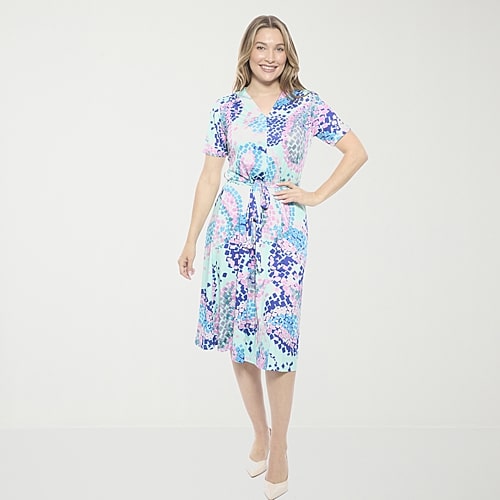 24seven Comfort Apparel Womens Midi V Neck Short Sleeve Abstract A-Line Dress, Small, Blue 24seven Comfort Apparel Womens Midi V Neck Short Sleeve Abstract A-Line Dress, Small, Blue