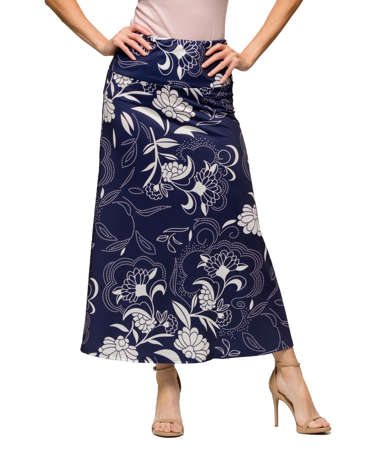 24seven Comfort Apparel Women’s Navy Floral Print Elastic Waist A Line Maxi Skirt – Grey Multi 24seven Comfort Apparel Women’s Navy Floral Print Elastic Waist A Line Maxi Skirt – Grey Multi