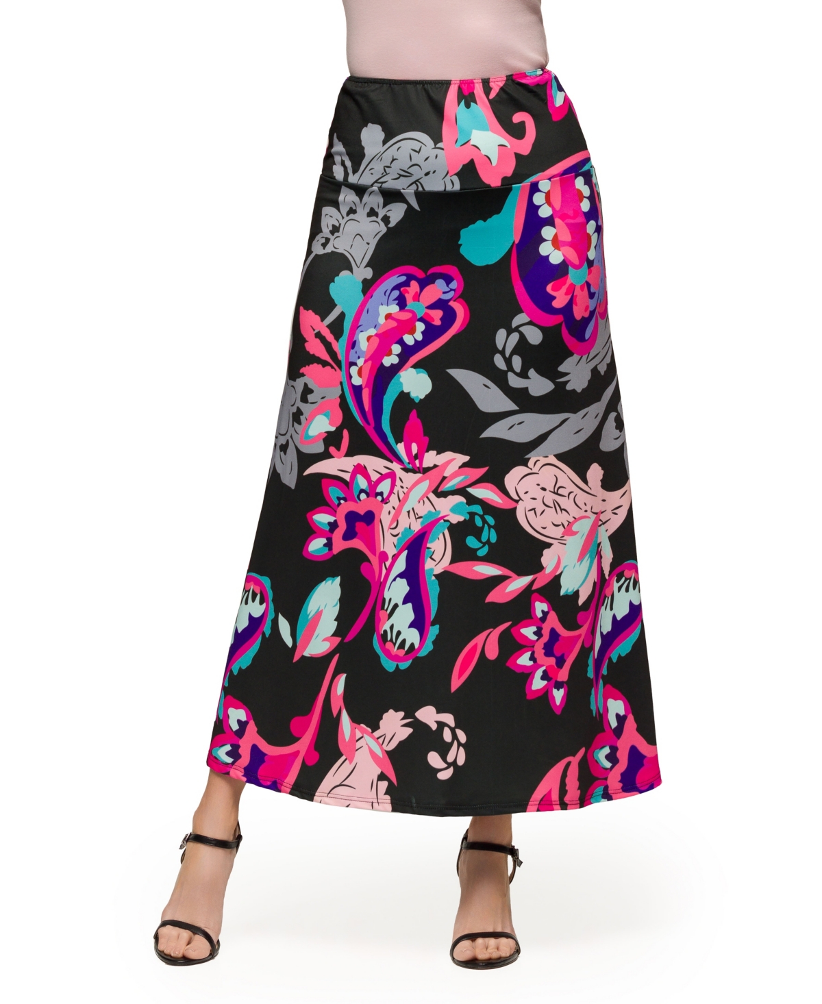 24seven Comfort Apparel Women’s Paisley Elastic Waist A Line Maxi Skirt – Pink Multi