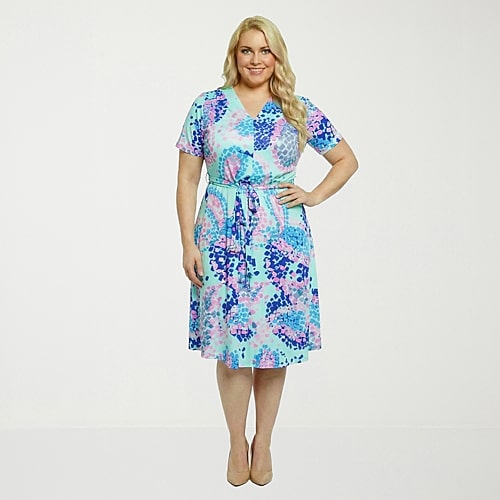 24seven Comfort Apparel Womens Plus Midi V Neck Short Sleeve Abstract A-Line Dress, 3x, Blue