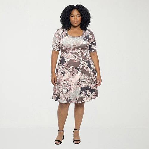 24seven Comfort Apparel Womens Plus Scoop Neck Elbow Sleeve Floral A-Line Dress, 3x, Brown