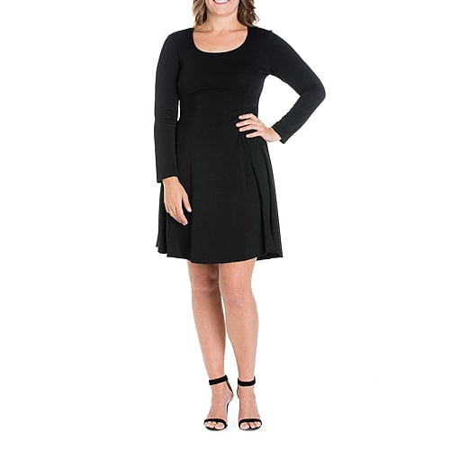 24seven Comfort Apparel Womens Plus Scoop Neck Long Sleeve A-Line Dress, 1x, Black