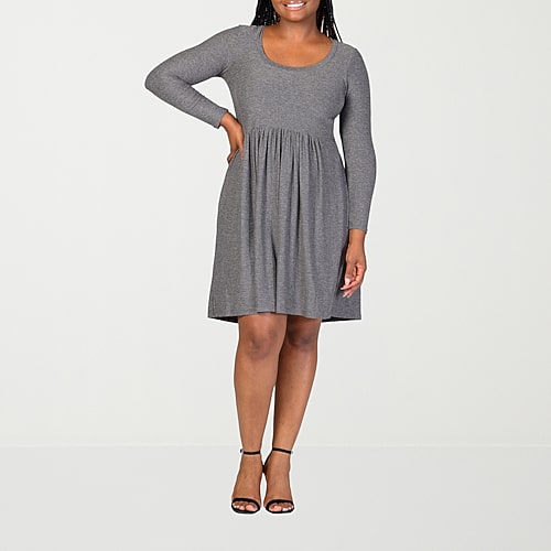 24seven Comfort Apparel Womens Plus Scoop Neck Long Sleeve A-Line Dress, 2x, Gray