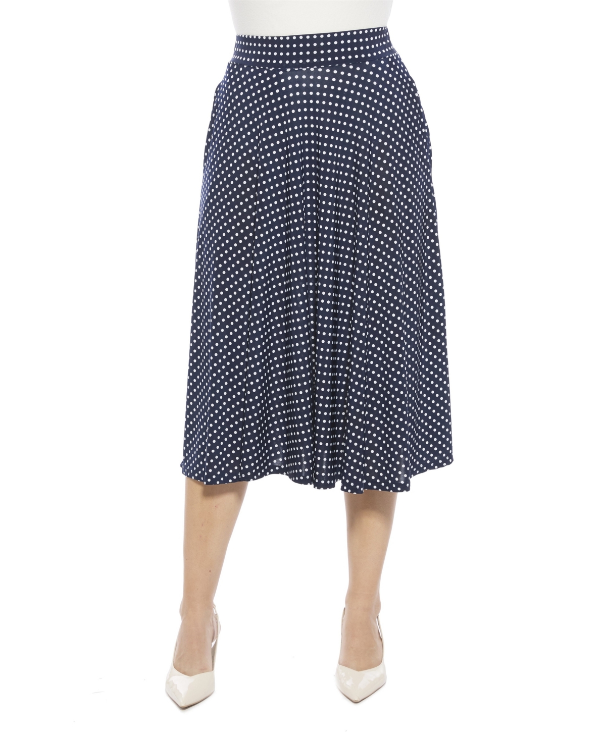 24seven Comfort Apparel Women’s Polka Dot Elastic Waist Pocket A-Line Midi Skirt – Print