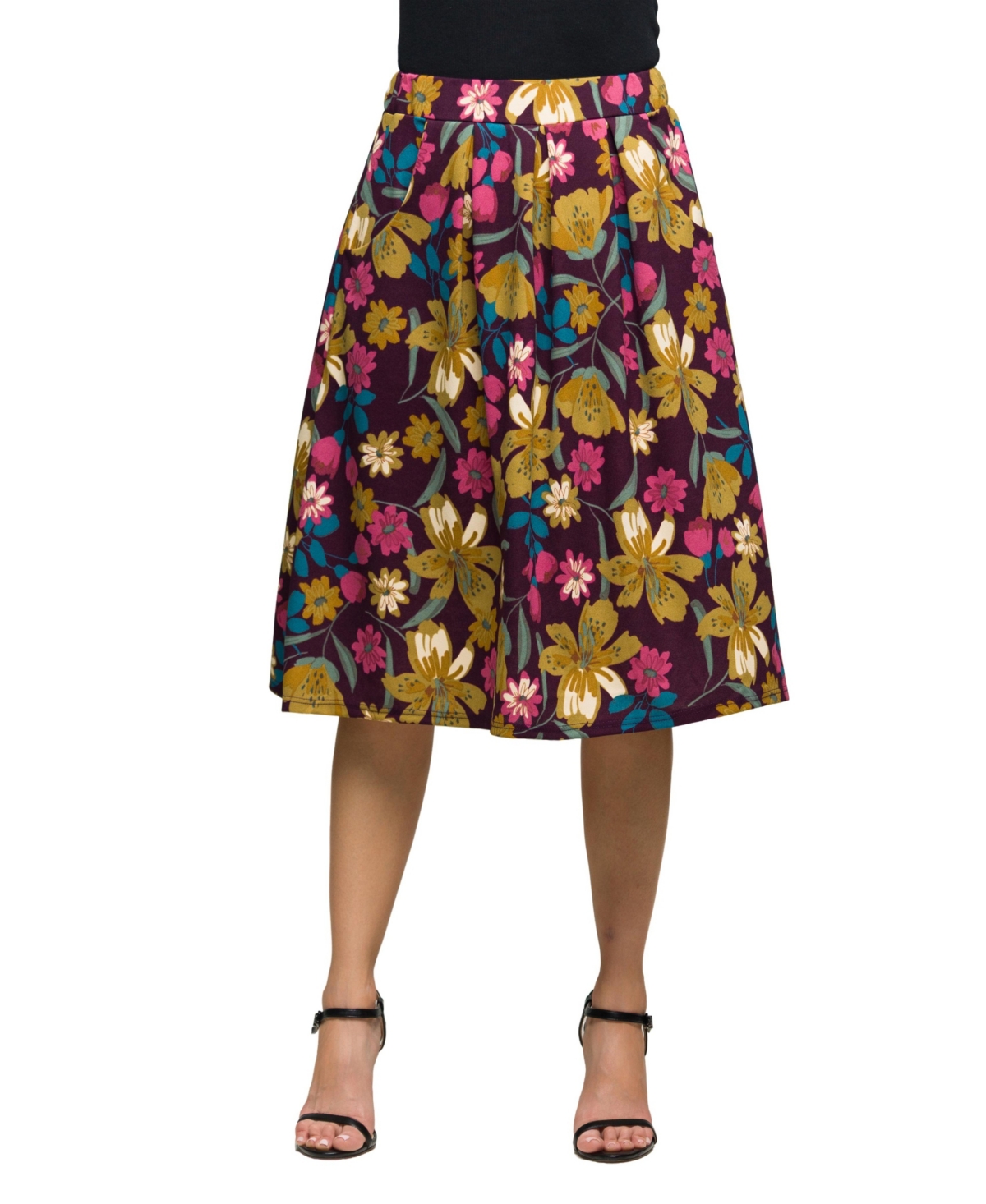24seven Comfort Apparel Women’s Purple Floral Elastic Waist Pocket Midi Skirt – Purple Multi 24seven Comfort Apparel Women’s Purple Floral Elastic Waist Pocket Midi Skirt – Purple Multi