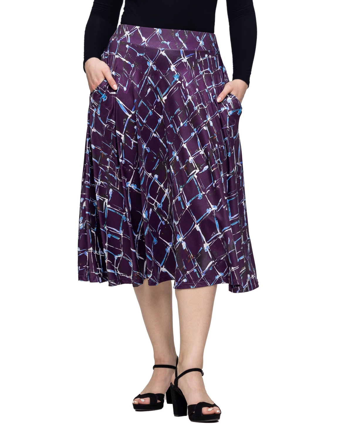 24seven Comfort Apparel Women’s Purple Print Elastic Waist Pocket Midi Skirt – Purple Multi 24seven Comfort Apparel Women’s Purple Print Elastic Waist Pocket Midi Skirt – Purple Multi