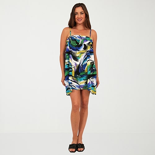24seven Comfort Apparel Womens Square Neck Sleeveless Floral A-Line Dress, Small, Blue