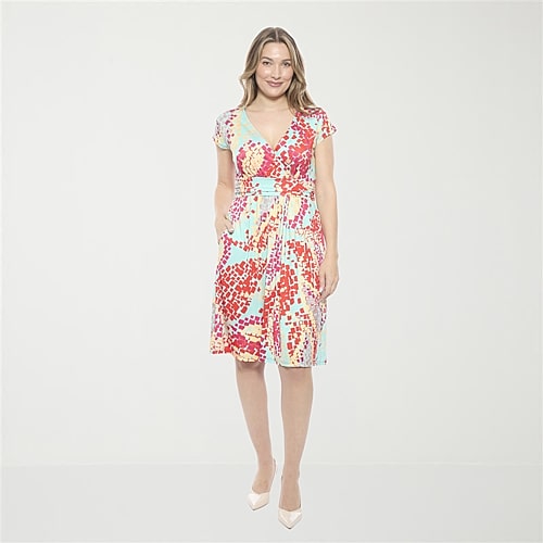 24seven Comfort Apparel Womens V Neck Short Sleeve Abstract A-Line Dress, X-large, Blue