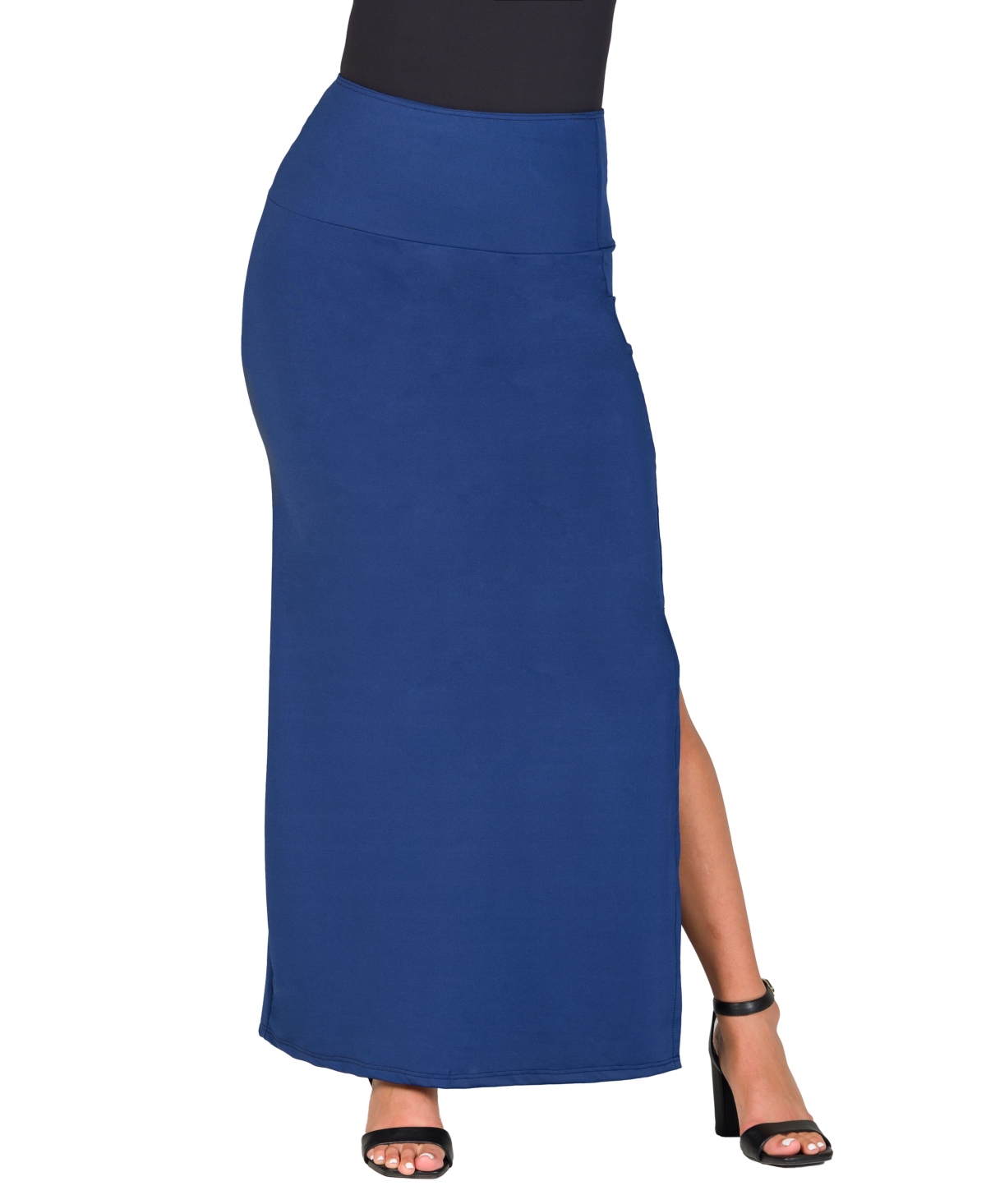 24seven Comfort Apparel Women’s Versatile Side Slit Elastic Waist Maxi Skirt – Navy