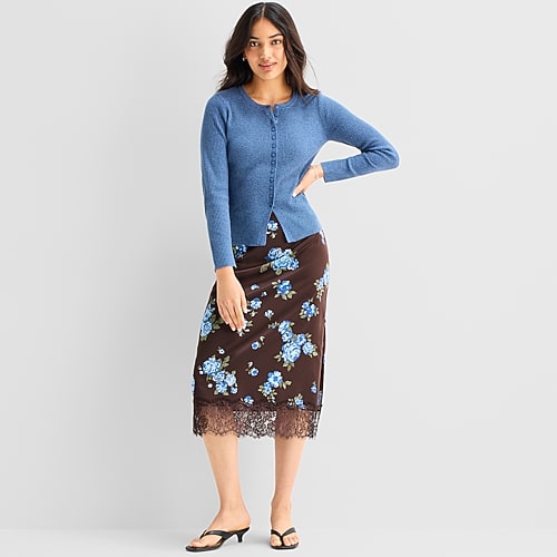 A.N.A Lace Trim Womens Midi A-Line Skirt, Small, Brown A.N.A Lace Trim Womens Midi A-Line Skirt, Small, Brown