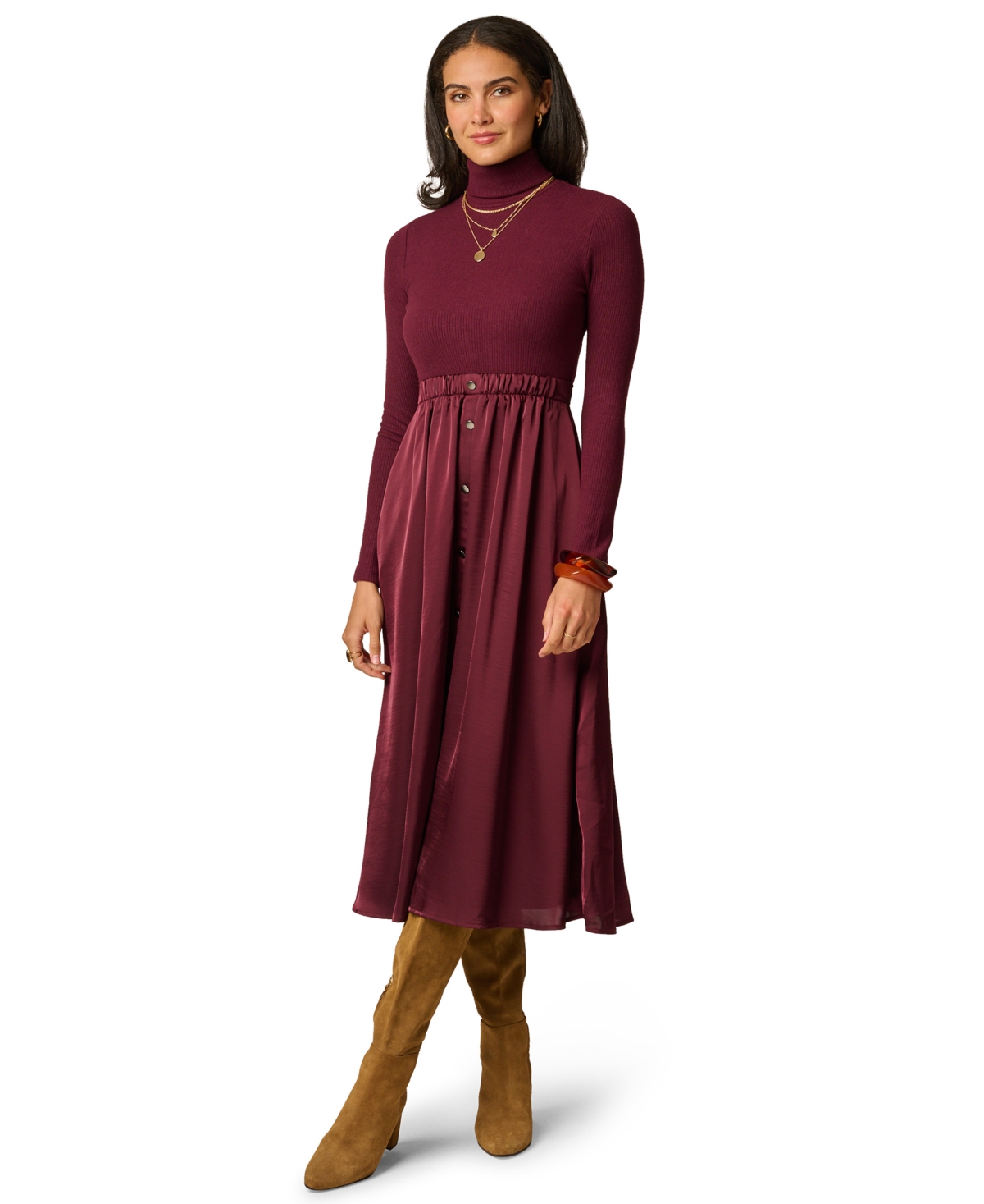 Adrianna Papell Women’s Amelia Turtleneck Long-Sleeve A-Line Midi Dress – Cherry Laquer