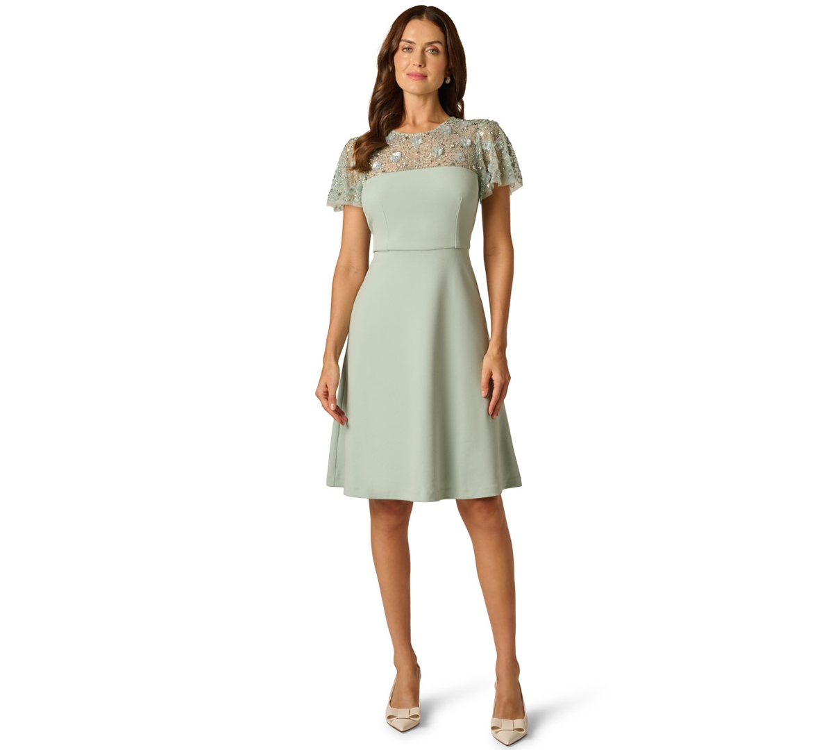 Adrianna Papell Women’s Bead Crepe Crewneck Illusion Dress – ICY SAGE