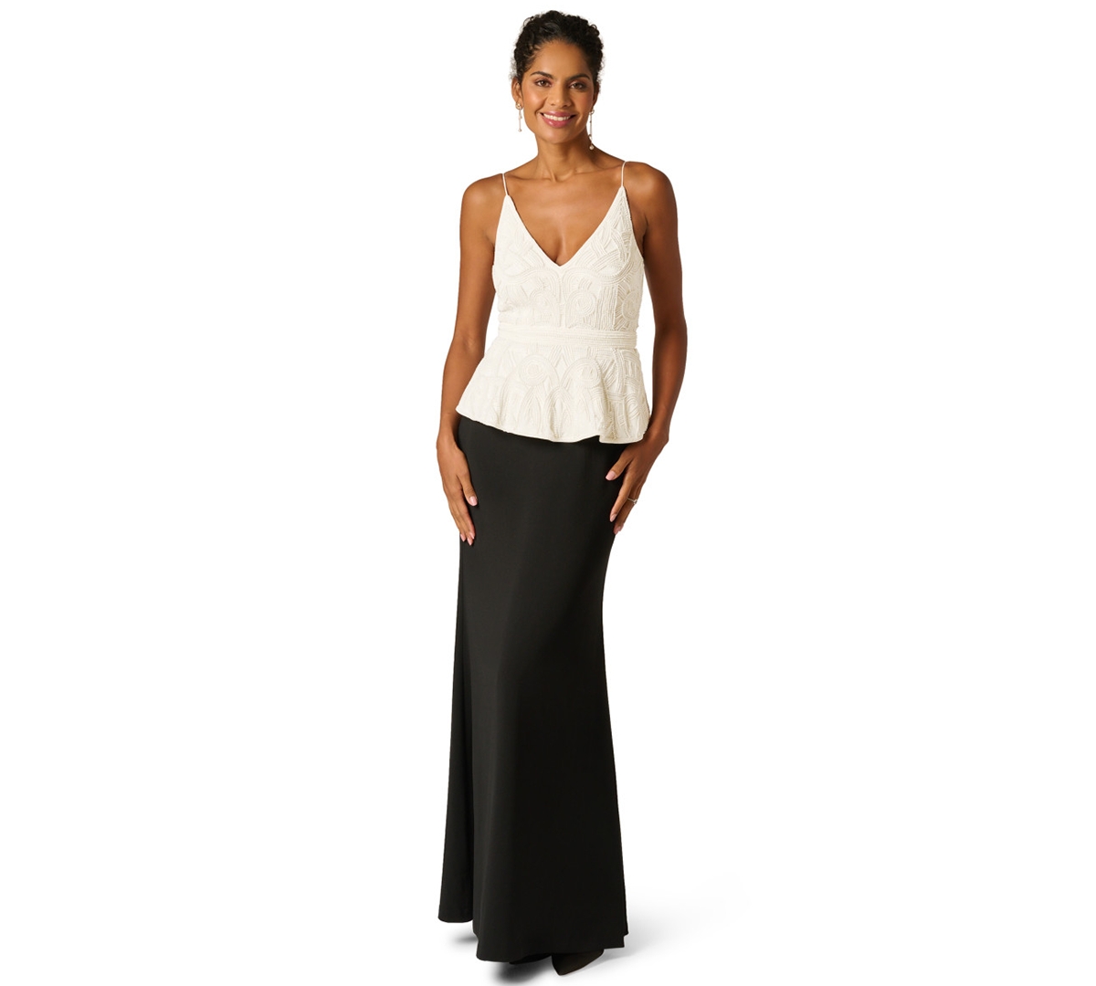 Adrianna Papell Women’s Bead Detail V-Neck Peplum Maxi Dress – BLACK/IVORY Adrianna Papell Women’s Bead Detail V-Neck Peplum Maxi Dress – BLACK/IVORY