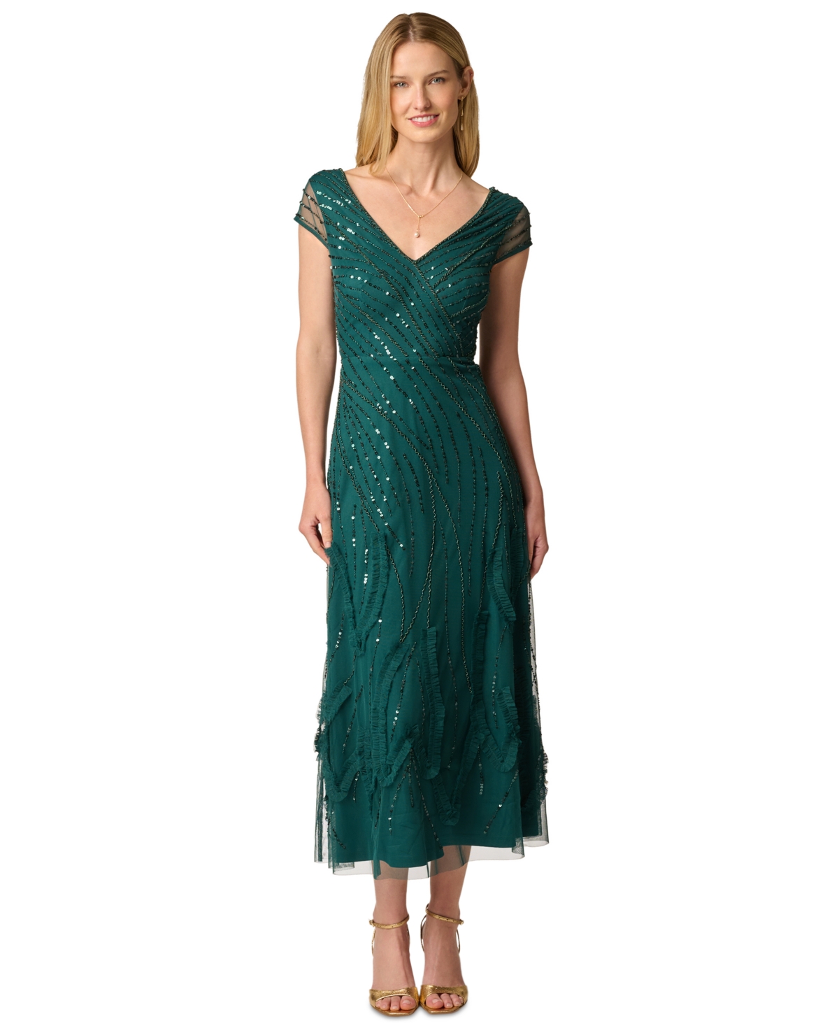 Adrianna Papell Women’s Beaded Cap-Sleeve V-Neck Midi Dress – Gem Green Adrianna Papell Women’s Beaded Cap-Sleeve V-Neck Midi Dress – Gem Green