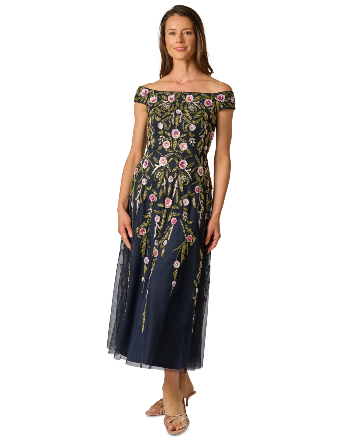 Adrianna Papell Women’s Beaded Fit & Flare Dress – Navy Blush Multi