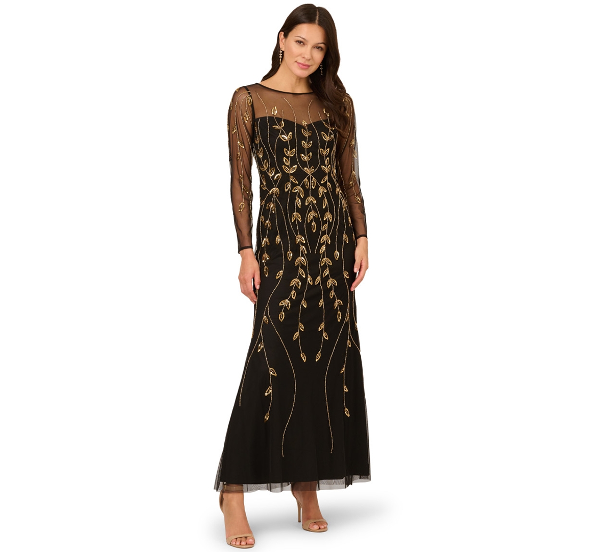 Adrianna Papell Women’s Beaded Long-Sleeve Dress – Black/Gold Adrianna Papell Women’s Beaded Long-Sleeve Dress – Black/Gold
