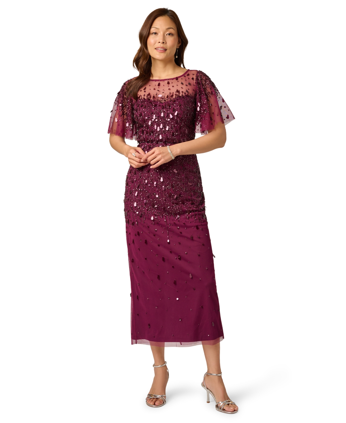 Adrianna Papell Women’s Beaded Mesh Flutter-Sleeve Midi Dress – Bordeaux
