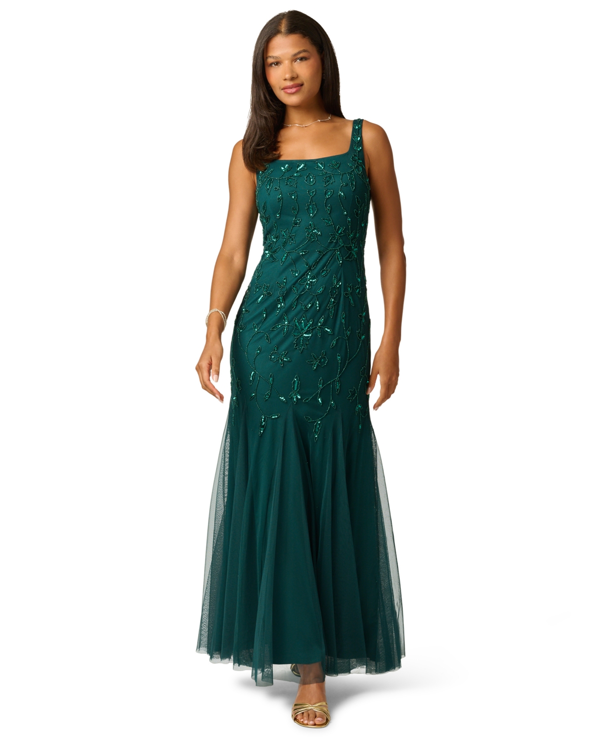Adrianna Papell Women’s Beaded-Mesh Square Neck Long Dress – Gem Green
