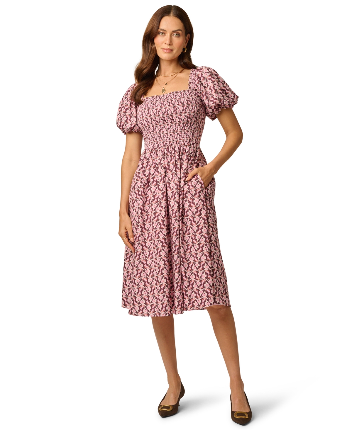 Adrianna Papell Women’s Blaire Smocked Floral-Print Square Neck Midi Dress – Blush Brown Multi Adrianna Papell Women’s Blaire Smocked Floral-Print Square Neck Midi Dress – Blush Brown Multi