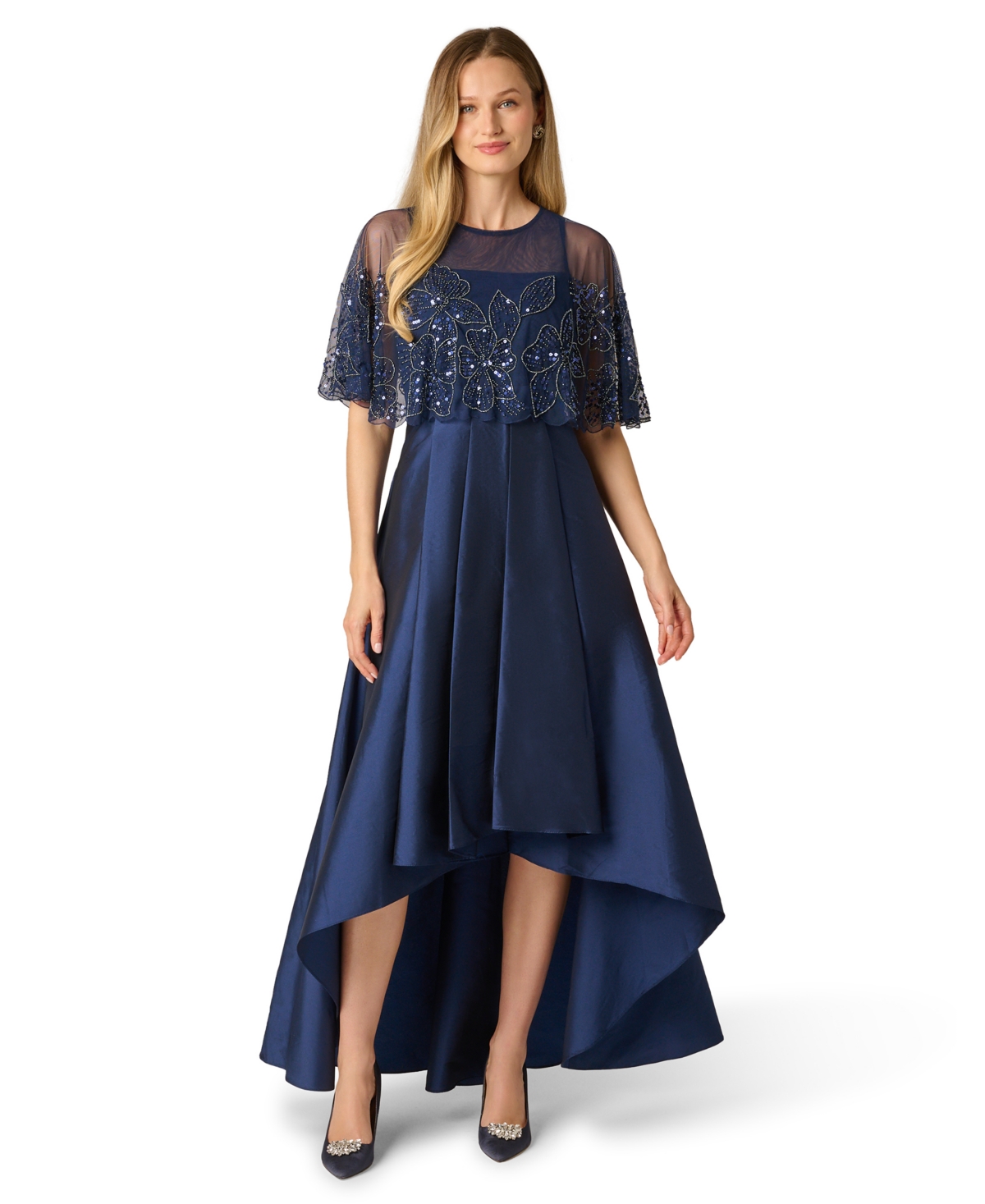 Adrianna Papell Women’s Boat Neck Bead Cape Taffeta Dress – Light Navy Adrianna Papell Women’s Boat Neck Bead Cape Taffeta Dress – Light Navy