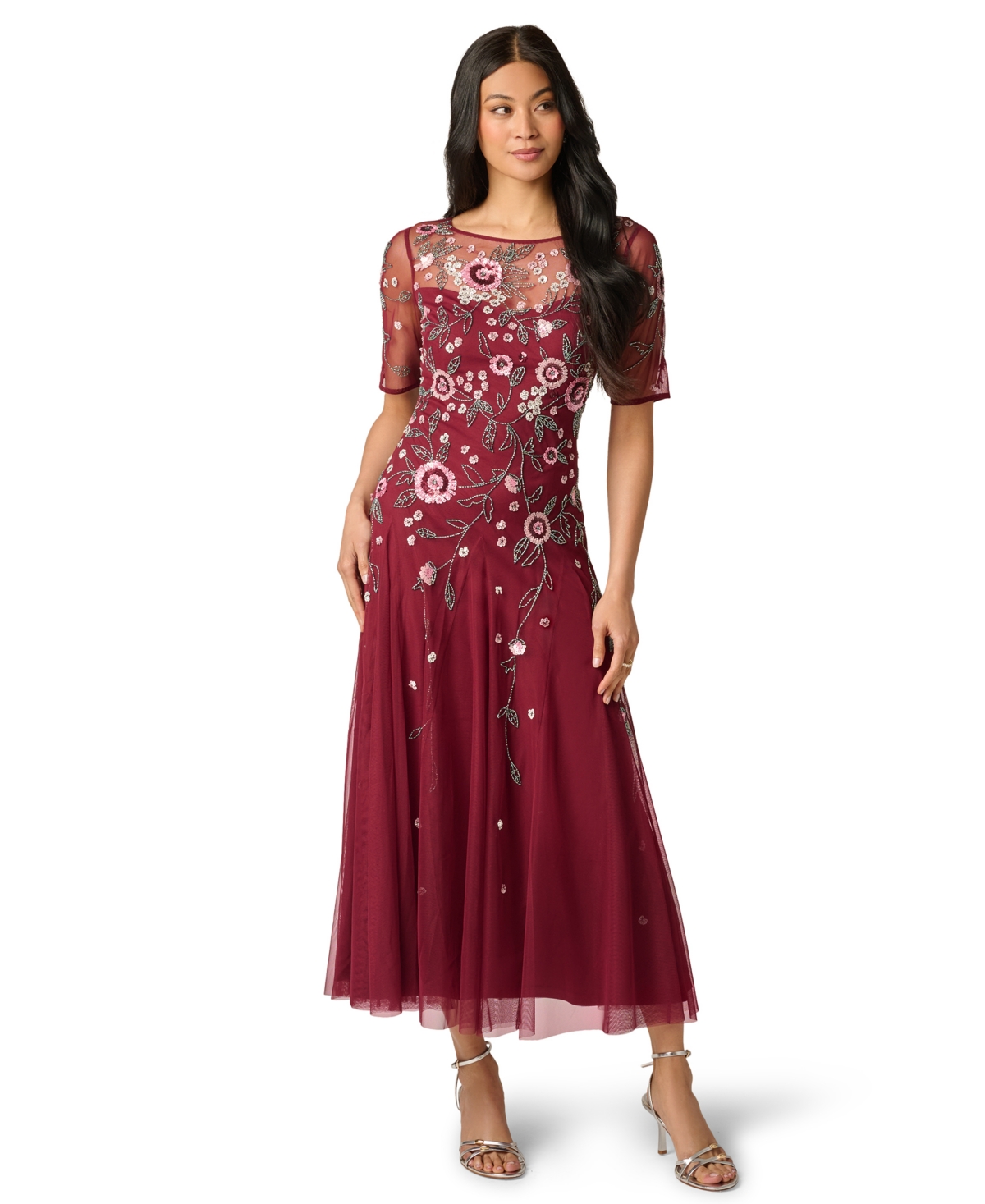 Adrianna Papell Women’s Boat Neck Beaded Mesh Ankle Dress – Mahogany Adrianna Papell Women’s Boat Neck Beaded Mesh Ankle Dress – Mahogany