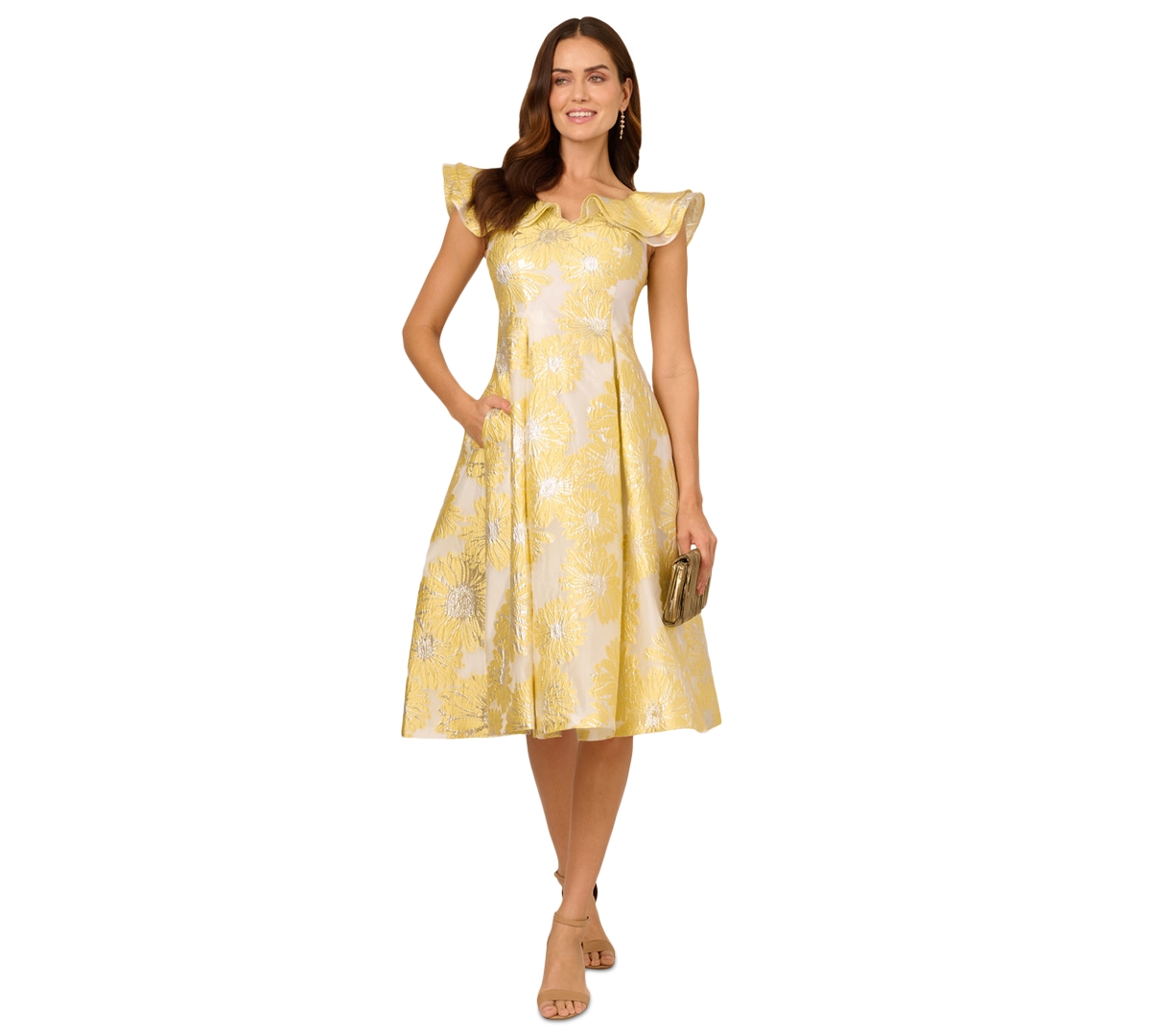 Adrianna Papell Women’s Boat-Neck Flutter-Sleeve Dress – Yellow Multi Adrianna Papell Women’s Boat-Neck Flutter-Sleeve Dress – Yellow Multi