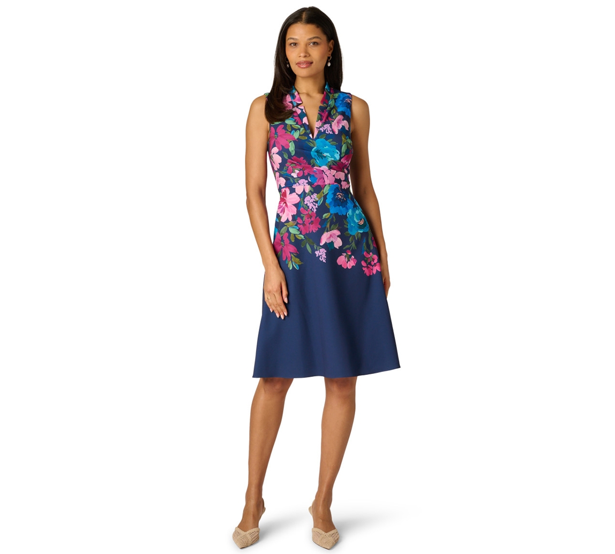 Adrianna Papell Women’s Border Floral Collar Midi Dress – Navy Multi Adrianna Papell Women’s Border Floral Collar Midi Dress – Navy Multi