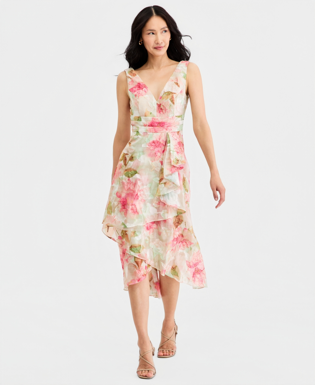 Adrianna Papell Women’s Cascading Tiered Midi Dress – Sage Multi