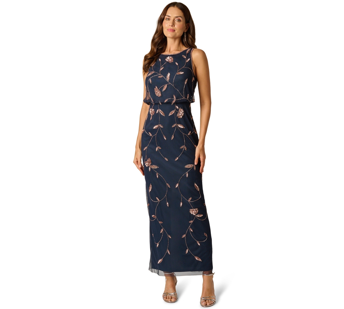 Adrianna Papell Women’s Crew Neck Blouson Long Dress – Navy rose gold Adrianna Papell Women’s Crew Neck Blouson Long Dress – Navy rose gold