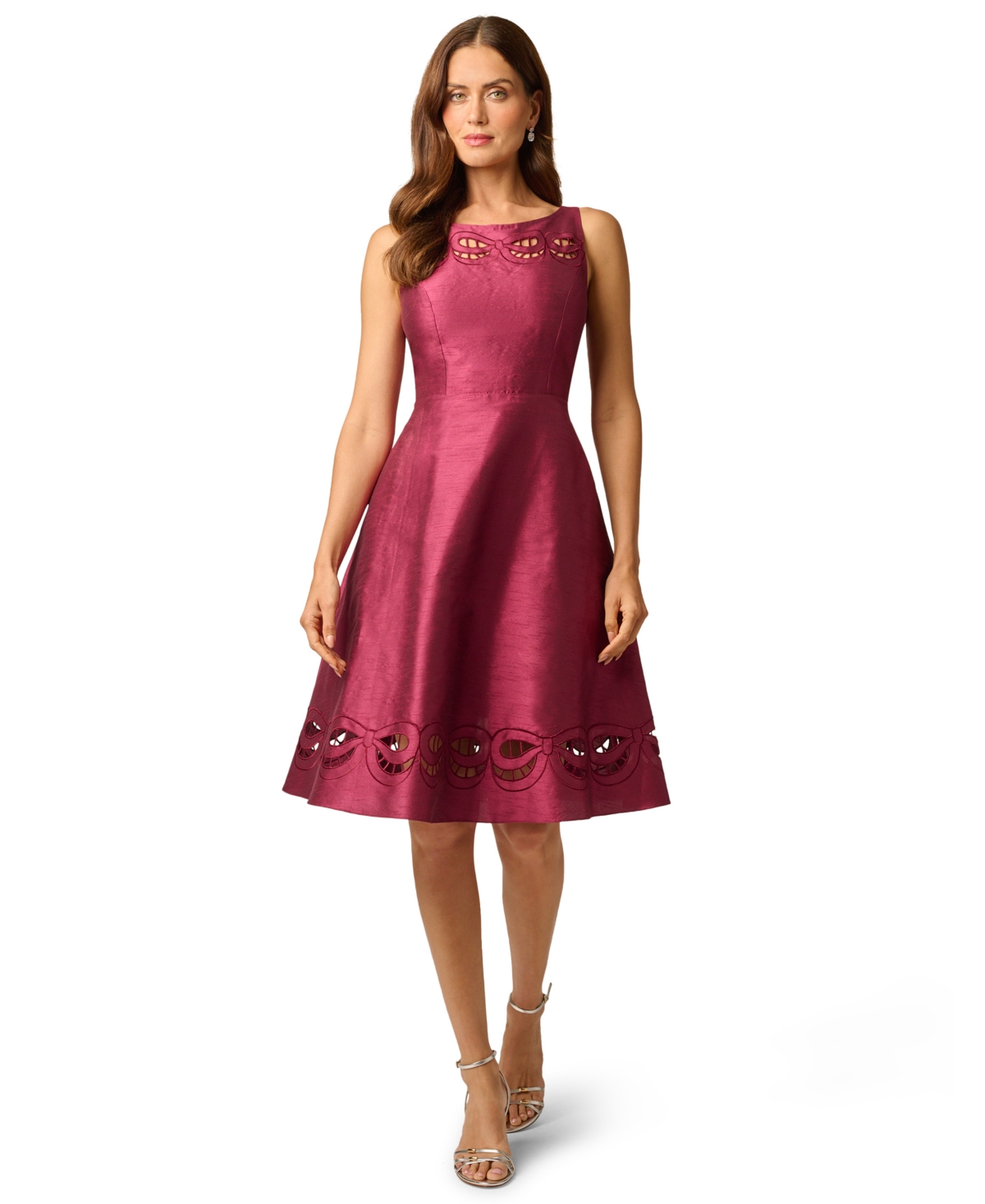 Adrianna Papell Women’s Cutout Dupioni Midi Boat Neck Dress – Wine