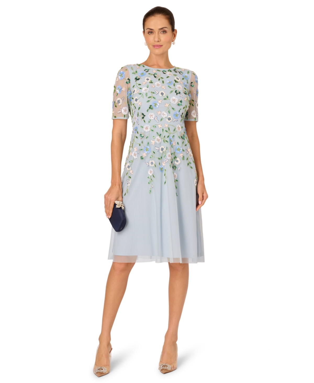 Adrianna Papell Women’s Embellished Mesh Midi Dress – Elegant sky multi