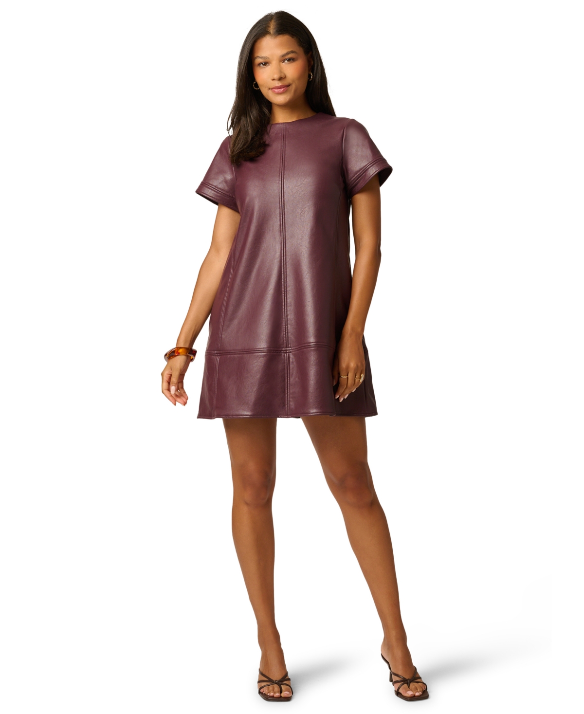 Adrianna Papell Women’s Faux Leather Shift Dress with Pockets – Black Cherry