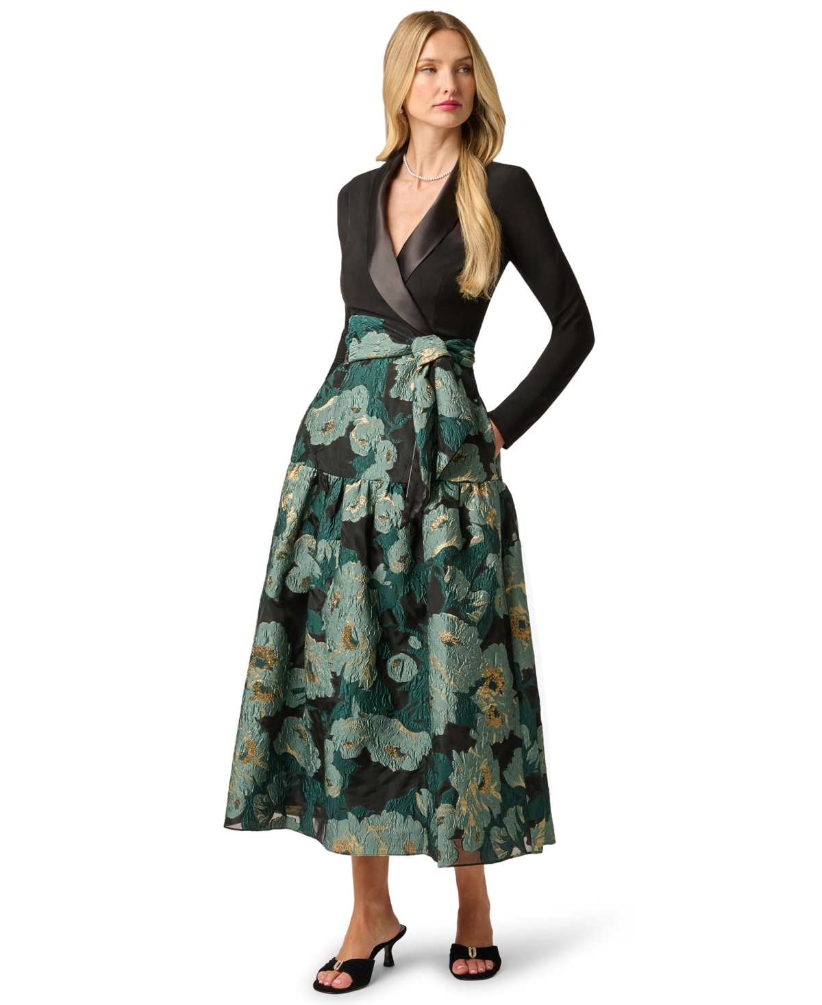 Adrianna Papell Women’s Floral Jacquard V-Neck Dress – Black/emerald Adrianna Papell Women’s Floral Jacquard V-Neck Dress – Black/emerald