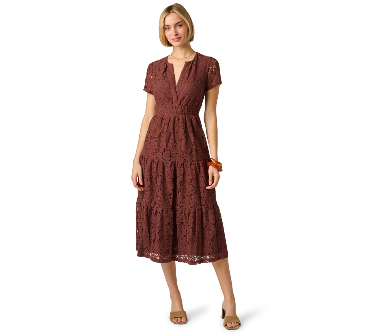 Adrianna Papell Women’s Lace Detail Tiered Midi Dress – Chocolate