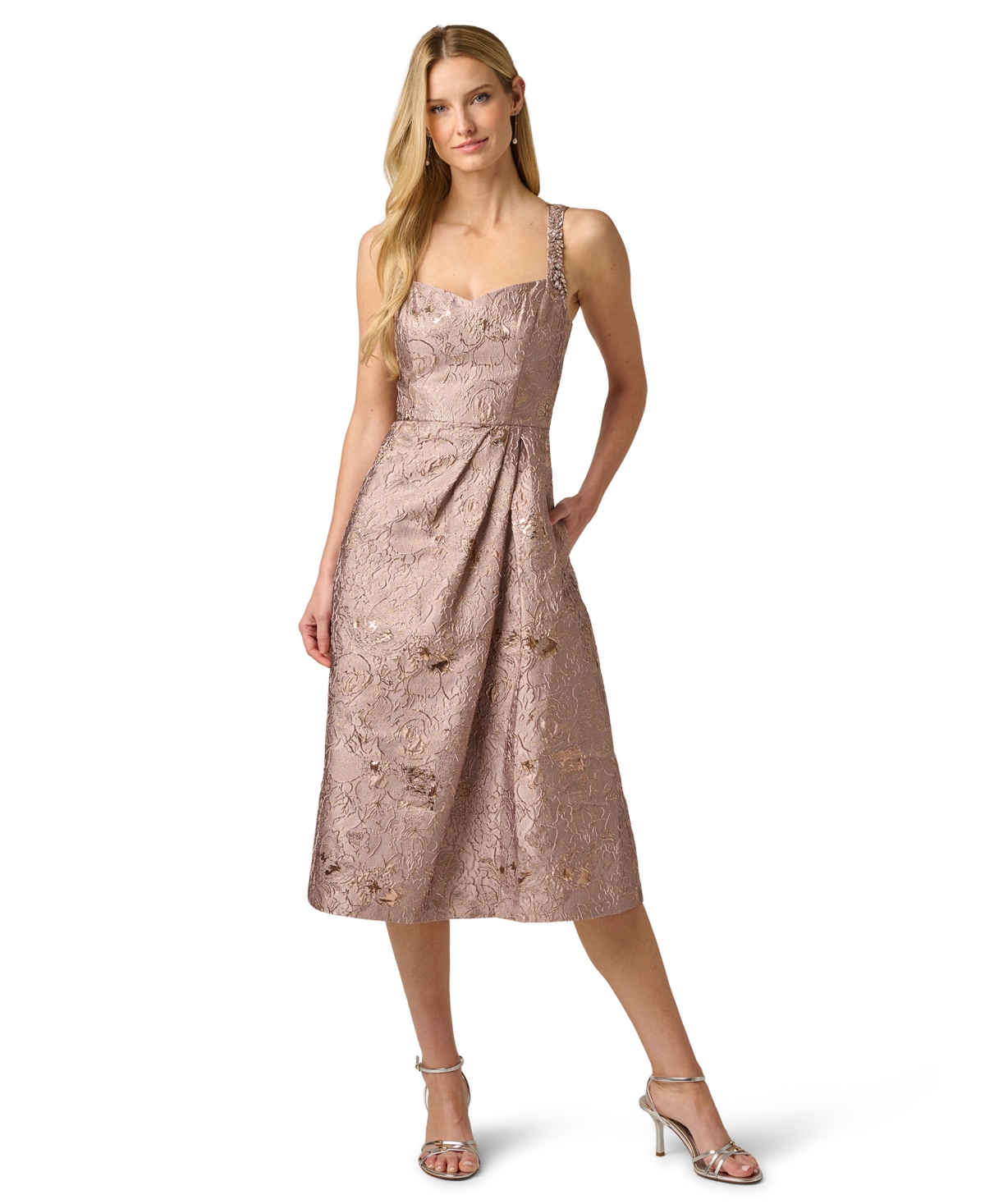Adrianna Papell Women’s Metallic Jacquard Sweetheart Neck Midi Dress – Candied Ginger Adrianna Papell Women’s Metallic Jacquard Sweetheart Neck Midi Dress – Candied Ginger