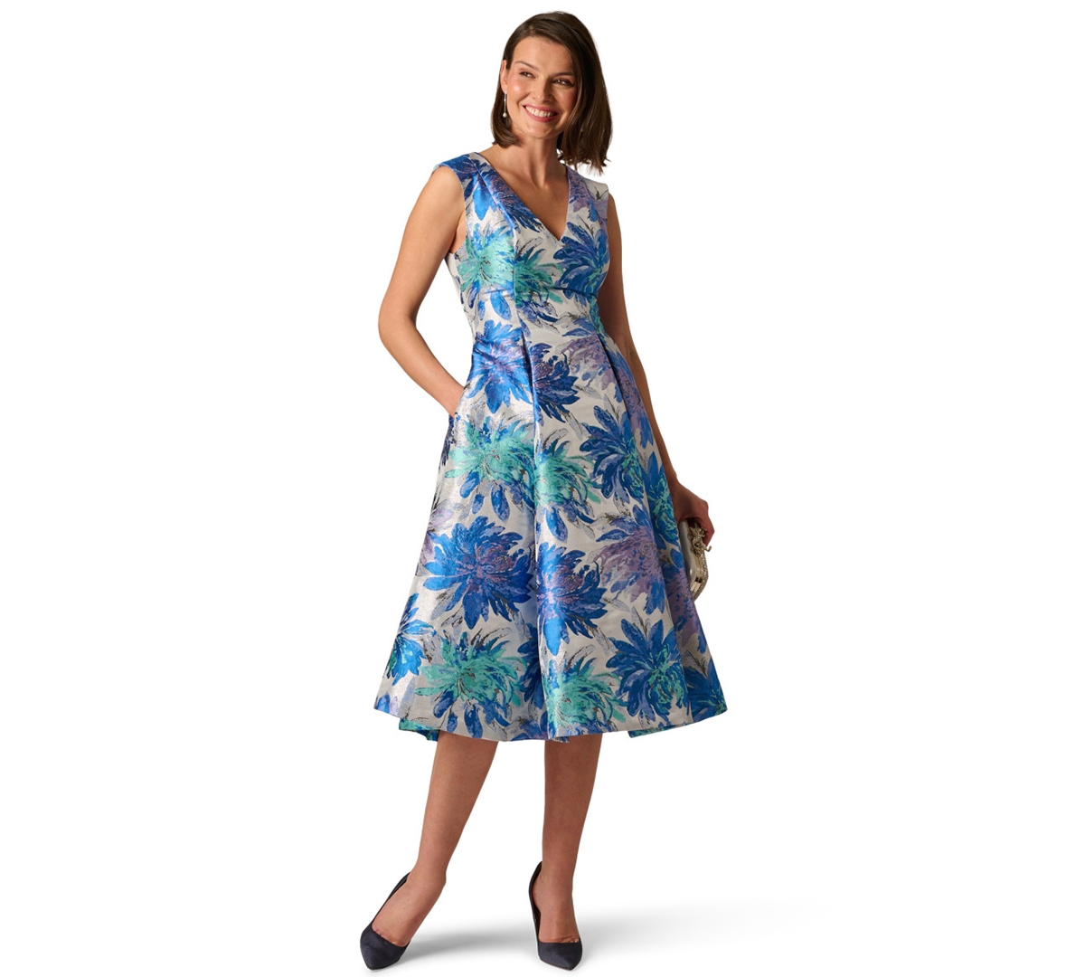 Adrianna Papell Women’s Metallic V-Neck Midi Dress – Blue Multi Adrianna Papell Women’s Metallic V-Neck Midi Dress – Blue Multi