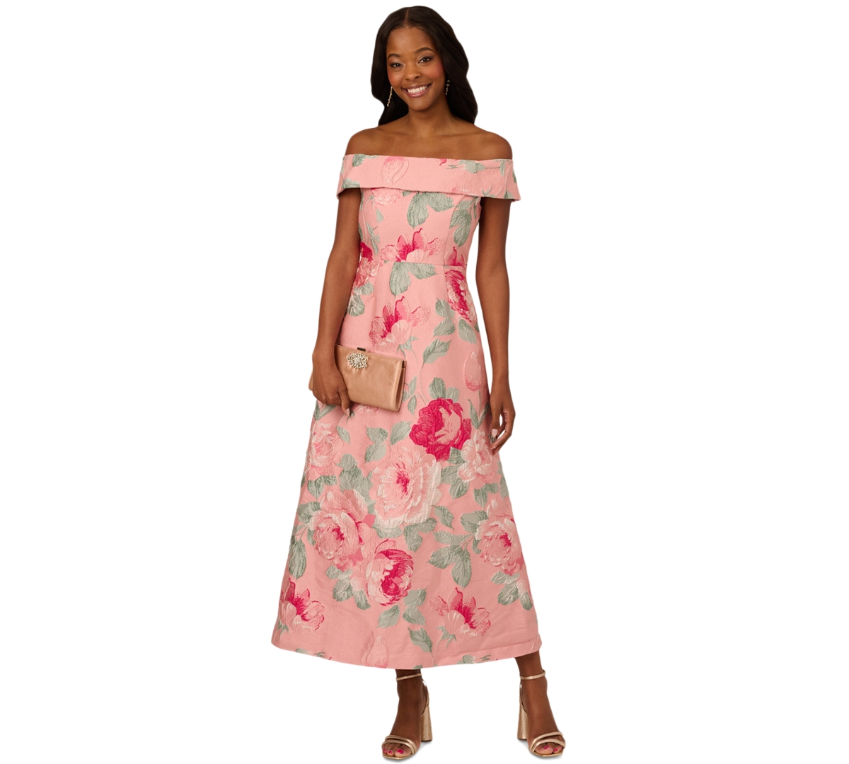 Adrianna Papell Women’s Off-The-Shoulder Floral-Jacquard Dress – Pink Multi Adrianna Papell Women’s Off-The-Shoulder Floral-Jacquard Dress – Pink Multi