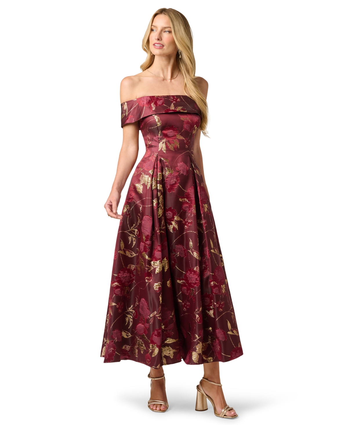 Adrianna Papell Women’s Off-The-Shoulder Midi Dress – Burgundy Gold