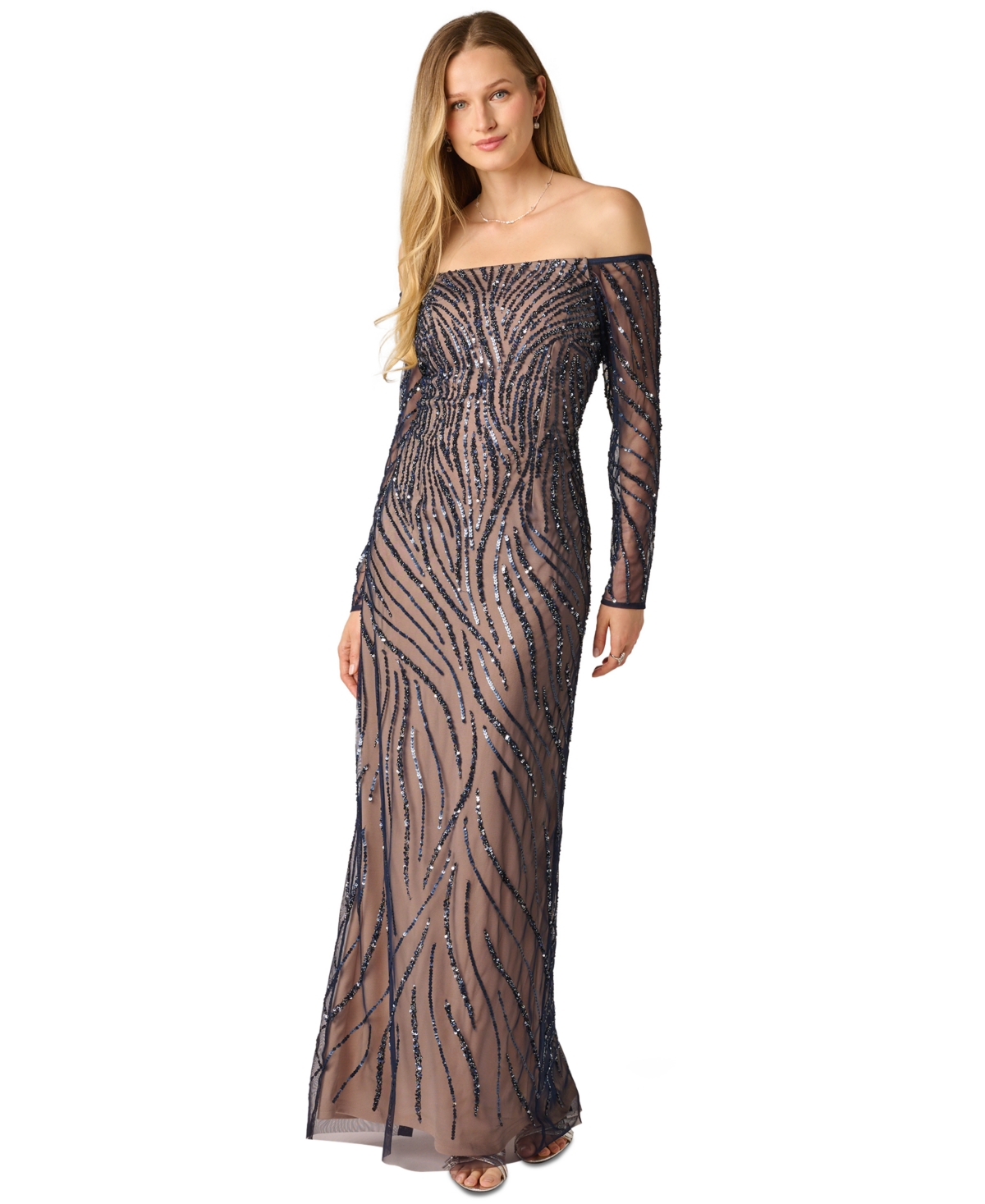 Adrianna Papell Women’s Off the Shoulder Beaded Long Dress – Navy/Nude Adrianna Papell Women’s Off the Shoulder Beaded Long Dress – Navy/Nude