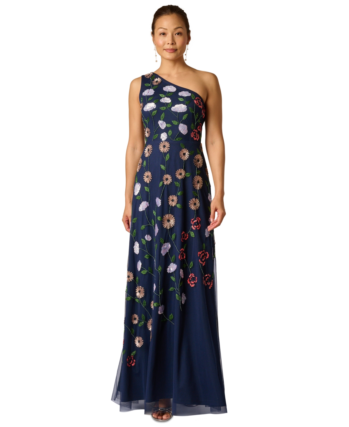 Adrianna Papell Women’s One Shoulder Mesh Long Dress – Navy Multi Adrianna Papell Women’s One Shoulder Mesh Long Dress – Navy Multi