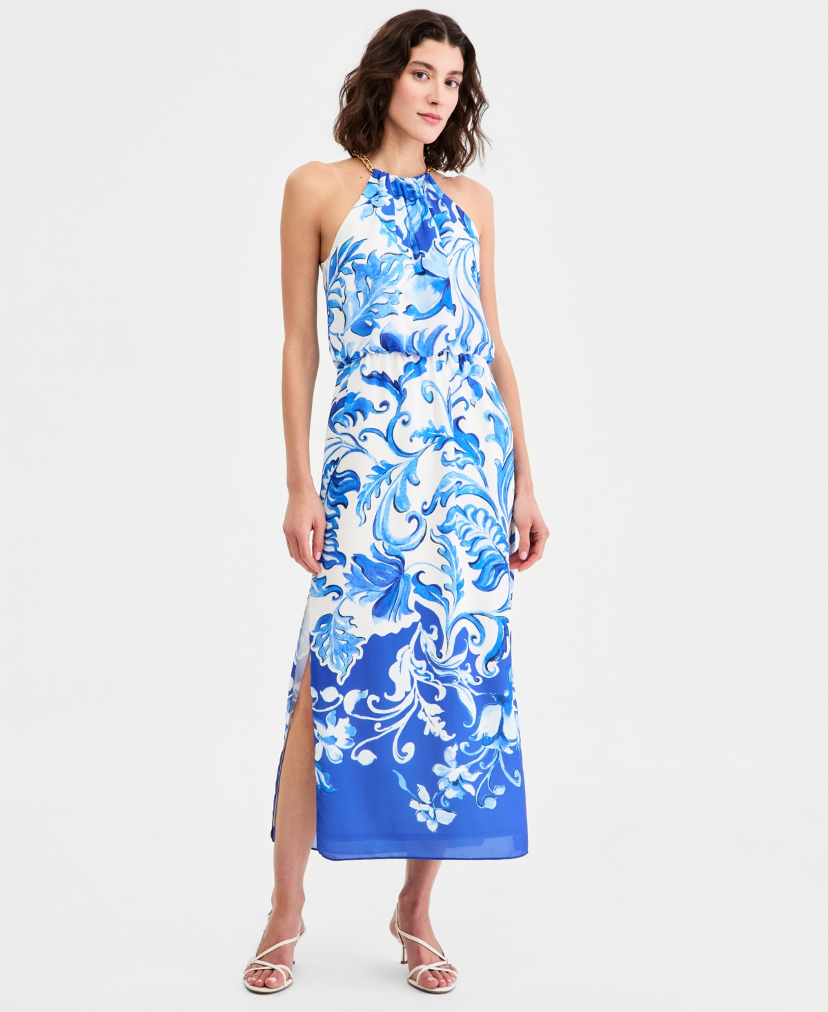 Adrianna Papell Women’s Printed Halter Blouson Midi Dress – IVORY/BLUE Adrianna Papell Women’s Printed Halter Blouson Midi Dress – IVORY/BLUE