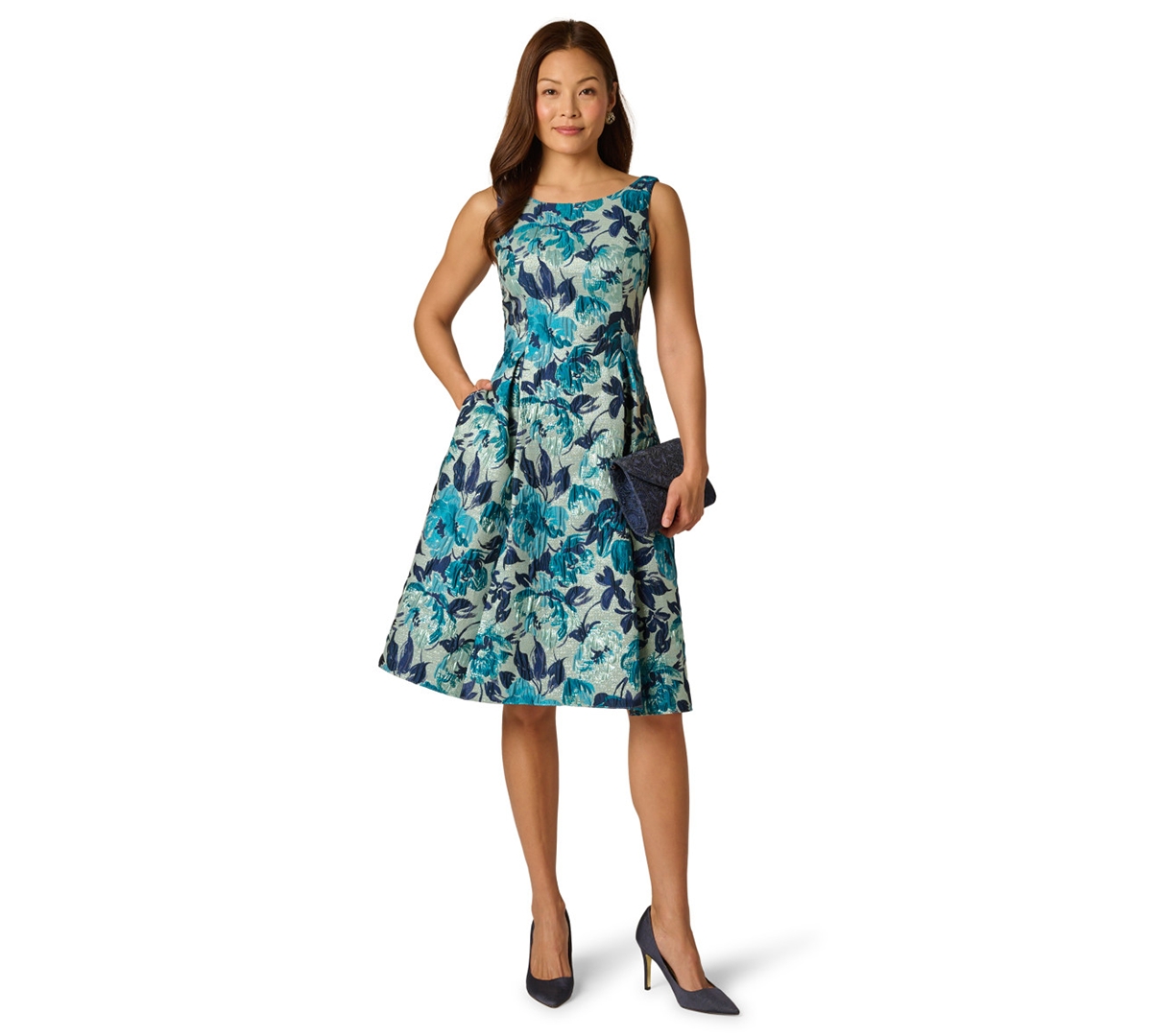 Adrianna Papell Women’s Printed Metallic Boat Neck Dress – Blue multi Adrianna Papell Women’s Printed Metallic Boat Neck Dress – Blue multi