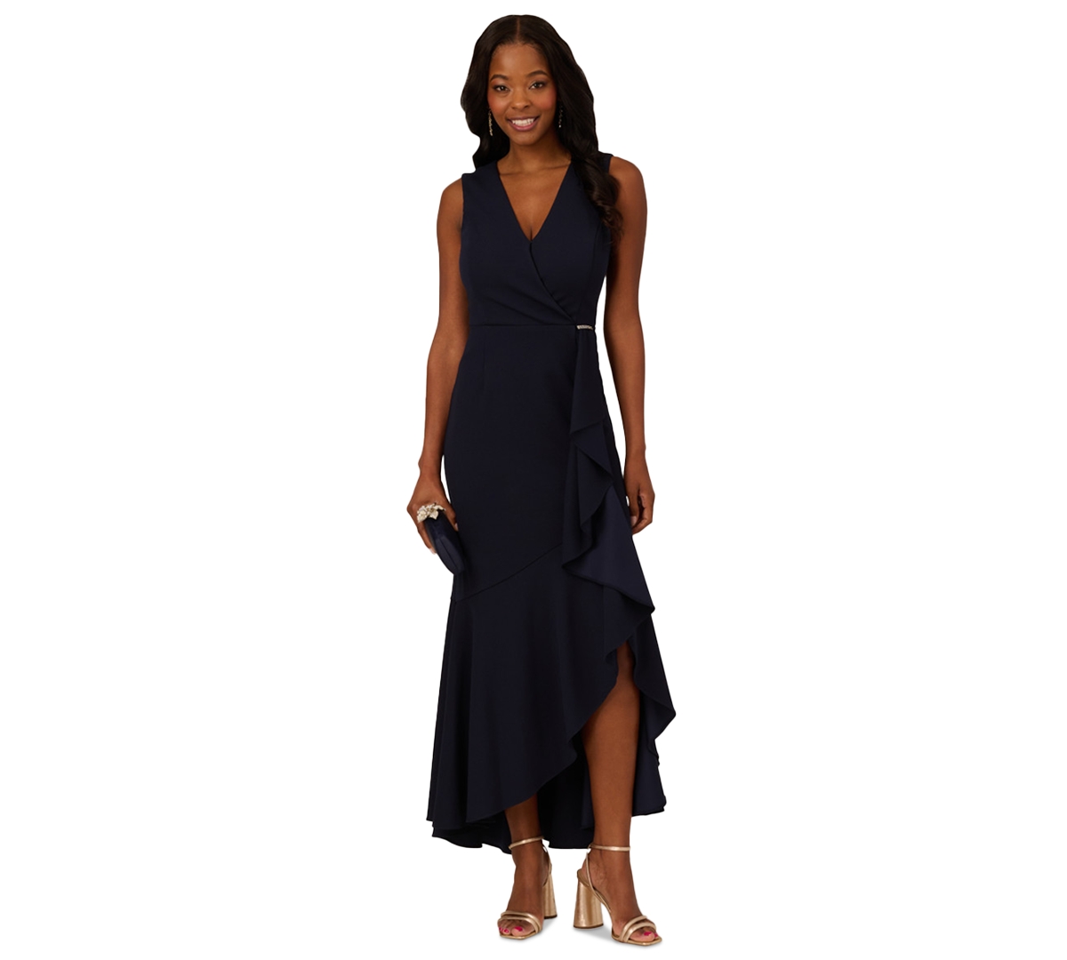 Adrianna Papell Women’s Ruffled V-Neck High-Low Dress – Midnight Adrianna Papell Women’s Ruffled V-Neck High-Low Dress – Midnight