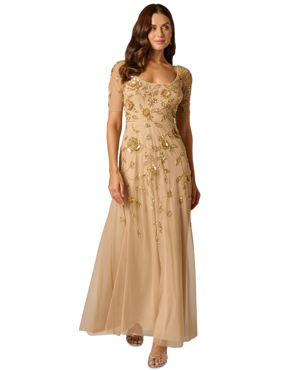 Adrianna Papell Women’s Scoop Neck Mesh Long Dress – Champagne Gold
